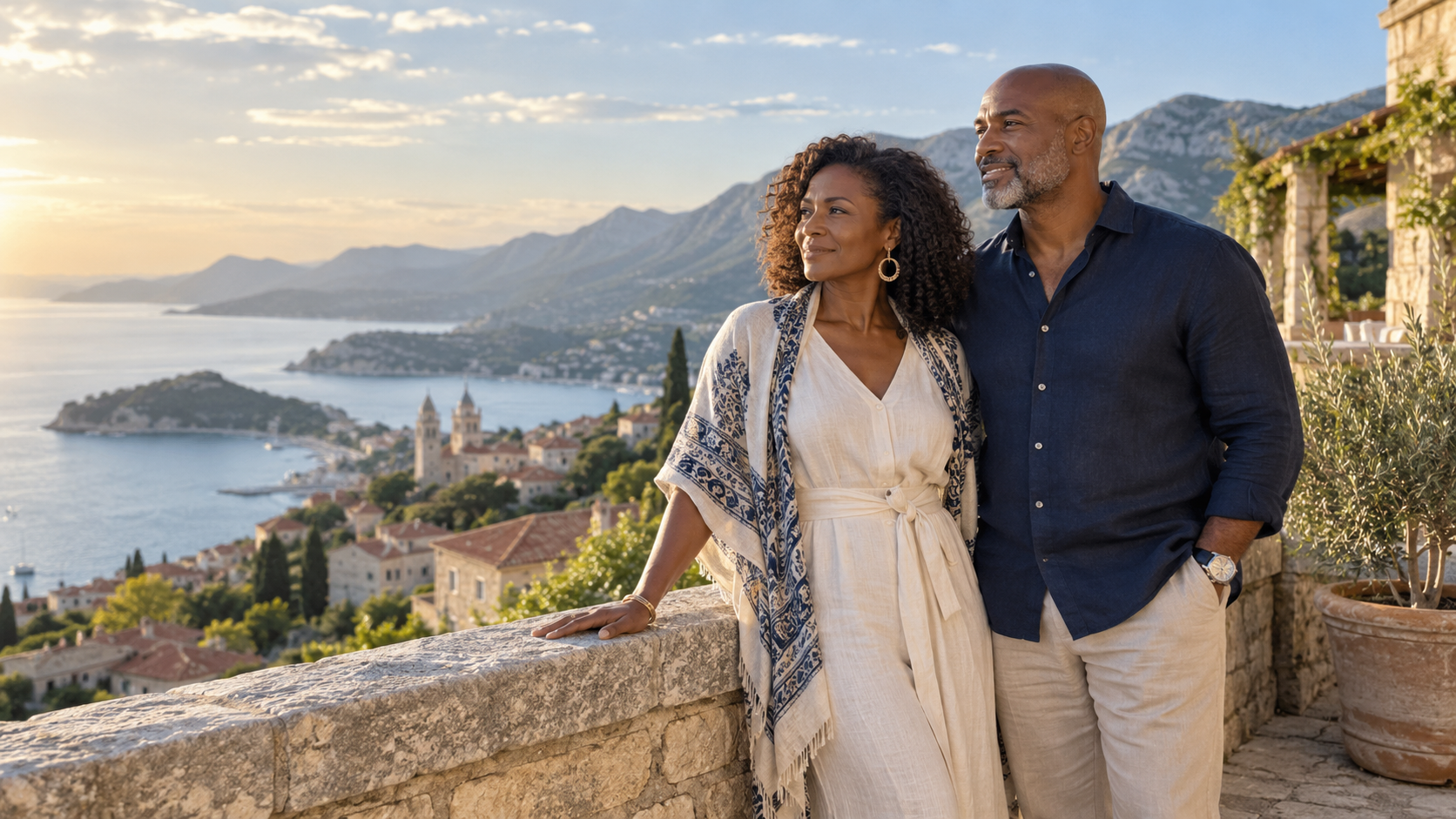 Travelers discovering a coastal destination from a scenic overlook